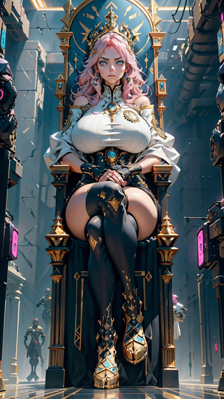 1 confident woman with floor-length pink hair, huge and big breasts, Futuristic royal costume in white with black and gold details, tall woman, blue detailed eyes, sitting on the throne of skulls , judgmental look, golden metal skulls, sovereign pose, cyberpunk queen
