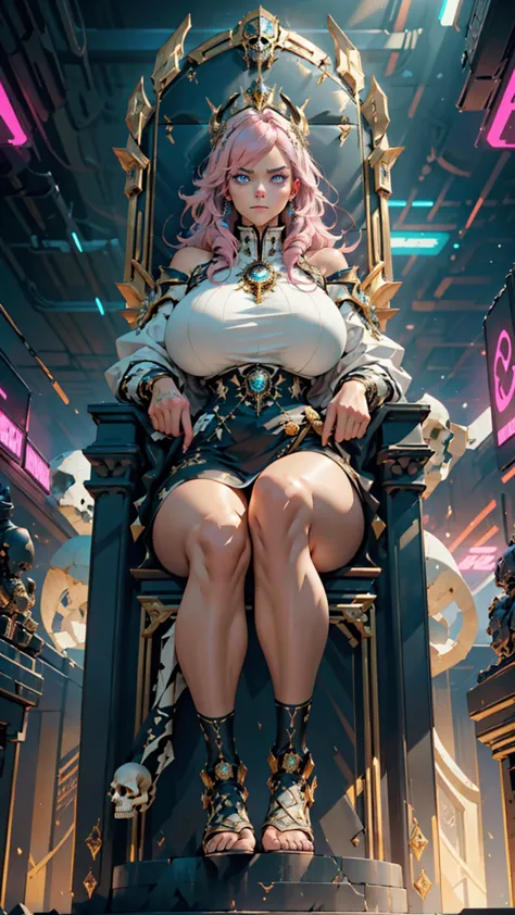 1 confident woman with floor-length pink hair, huge and big breasts, Futuristic royal costume in white with black and gold detai...