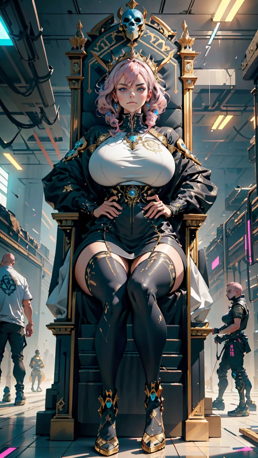 1 confident woman with floor-length pink hair, huge and big breasts, Futuristic royal costume in white with black and gold details, tall woman, blue detailed eyes, sitting on the throne of skulls , judgmental look, golden metal skulls, sovereign pose, cyberpunk queen
