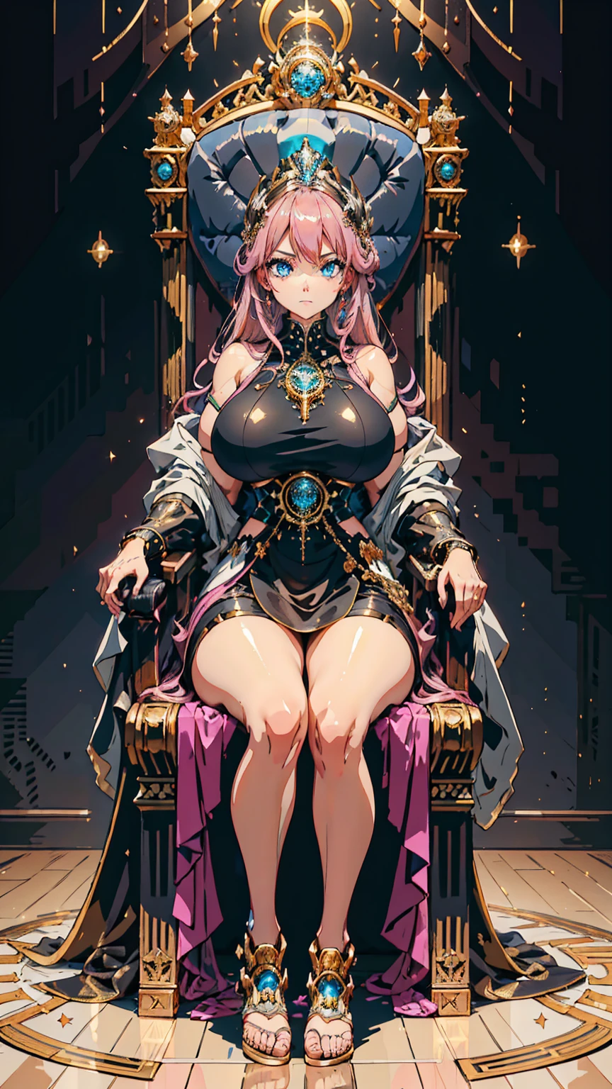 1 confident woman with floor-length pink hair, huge and big breasts, Futuristic royal costume in white with black and gold details, tall woman, blue detailed eyes, sitting on the throne of skulls , judgmental look, golden metal skulls, sovereign pose, cyberpunk queen
