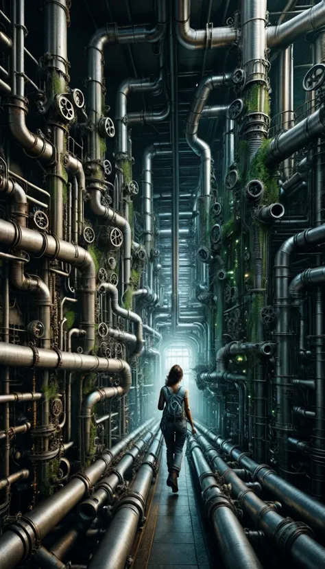 pipe jungle, industrial pipes, architecture made up of pipes and valves, tubular creature, vertical wallpaper, huge maze of pipe...