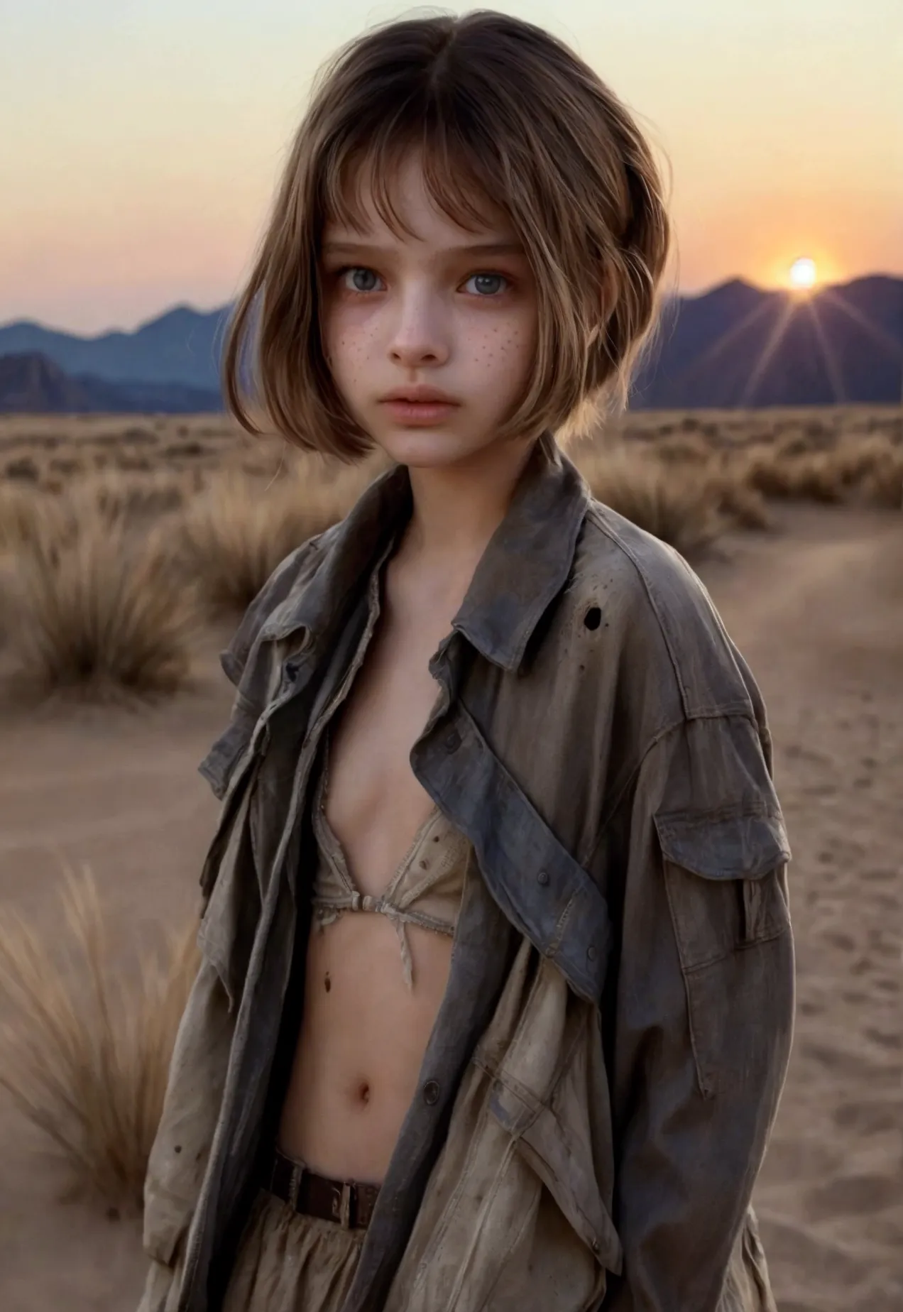 masterpiece, Half Body Shot, Transitioning desert landscape at sunset, Person walking alone, A beautiful young American girl, ag...