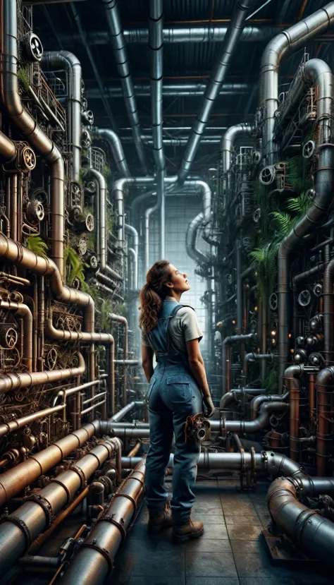 pipe jungle, industrial pipes, architecture made up of pipes and valves, tubular creature, vertical wallpaper, huge maze of pipe...