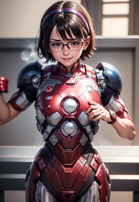 highest quality　8k iron man suit girl　elementary school girl　sweaty face　cute smile　short hair　boyish　steam coming from the head...