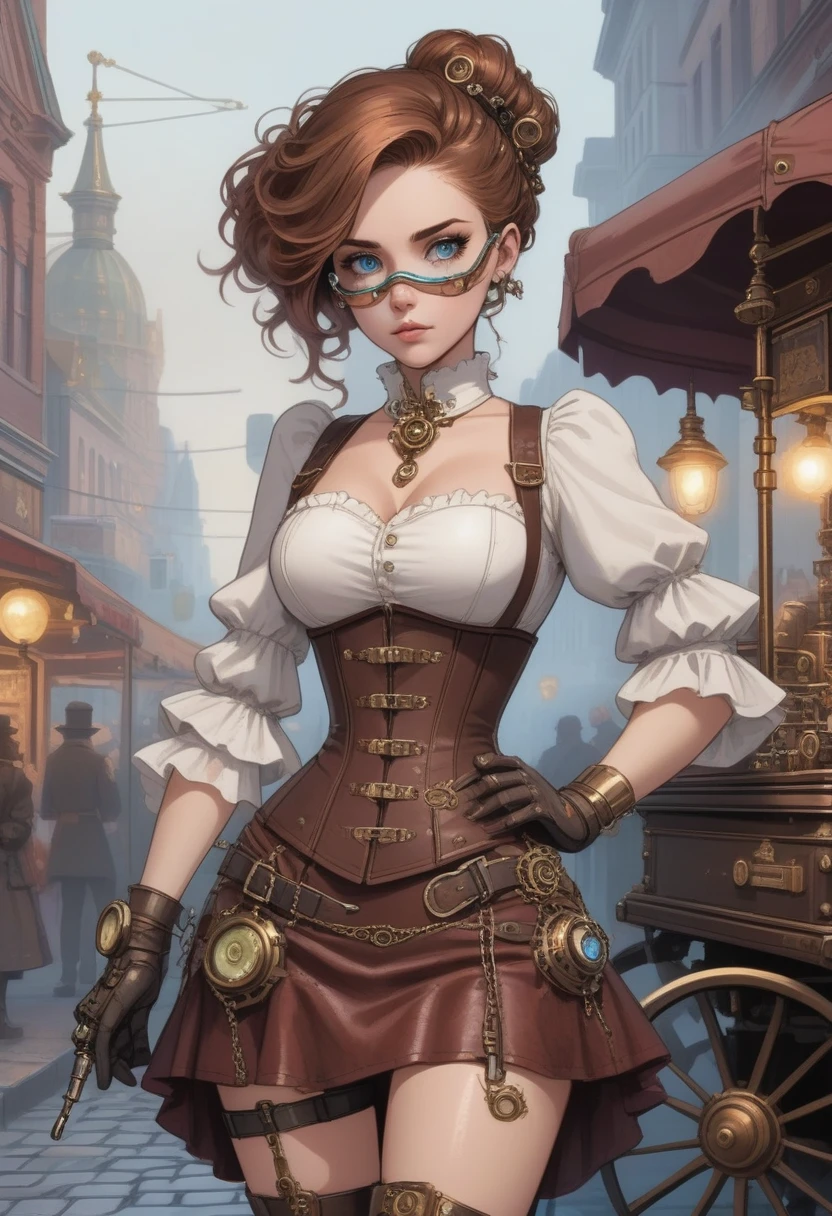 In the middle of a bustling, cobblestone street, a steampunk girl stands confidently. She wears a fitted, brown leather corset over a white ruffled blouse, with intricate brass gears and clockwork mechanisms adorning her outfit. Her skirt is asymmetrical, combining layers of rich burgundy and dark brown fabric with lace trim. Tall, lace-up boots with metal buckles reach her knees, and fingerless gloves cover her hands. Her hair, a cascade of copper waves, is partially pinned up with ornate brass hairpins. Goggles rest atop her head, and she carries a small, mechanical device with glowing blue lights in one hand. The street around her is filled with steam-powered carriages and vendors selling mechanical trinkets, all under the watchful gaze of towering, Victorian-era buildings.