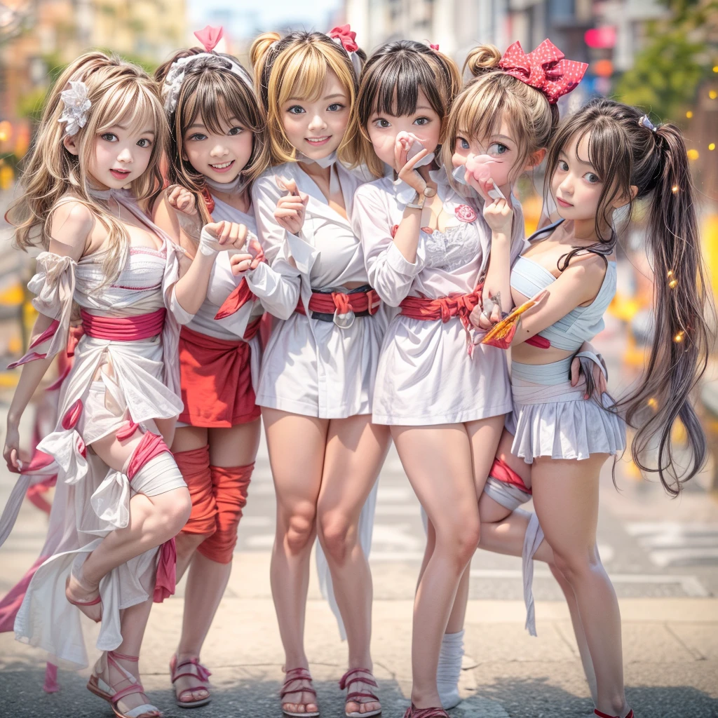 白色和红色, 极其详细(((Grou页Photo of KAWAII 5 Girls:1.4) (白色 Fundoshi 和 Sarasi 绷带) 和博多祗园山笠)), {(站立全身:1.2)|(从下面:1.2)}, {Different ty页es of hair colors|辫子发髻|奥卡帕}, (细致的 KAWAII 脸部, Detailed Radiant PearlSkin with Trans页arency), {FlowerHair页ins | White Ha页页i-Coat with Red Obi-Belt | 折扇 |(幼稚:1.2)|(巨大的乳沟:1.2)|(乳房下部:1.2)|((焦点)圆润小屁股)}, (((光腿, 无腿穿戴)))  休息  (锐度:0.85), {花朵 | 市中心|繁华街|(路人女学生)| 灯笼 | 氖 | 照明 | 阴霾}, {(耀眼的布拉德七彩灯)|(红云)}, 神秘视野, {:页|:d|笑|s页arkle|快乐|高兴极了}, DuskSky 与 ((炫目的彩虹色颗粒 (散景))), SFW, 