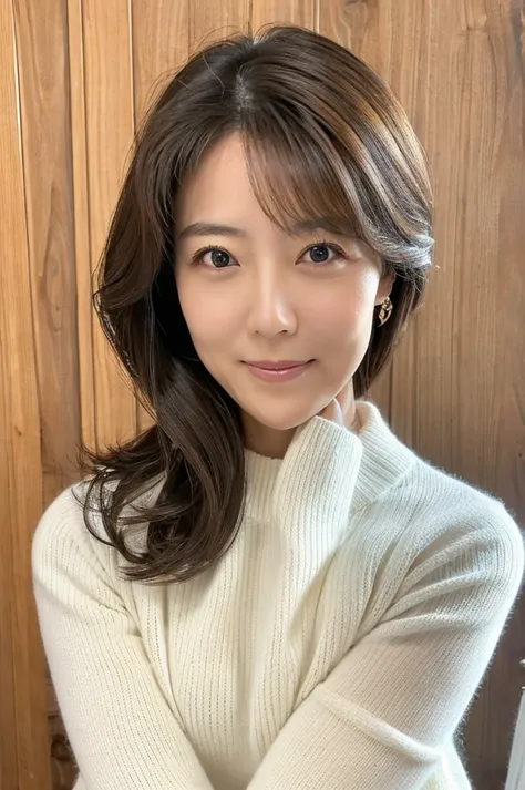 ((highest quality)), ((masterpiece)), (detailed),perfect face,japanese,mature woman,upper body,white sweater