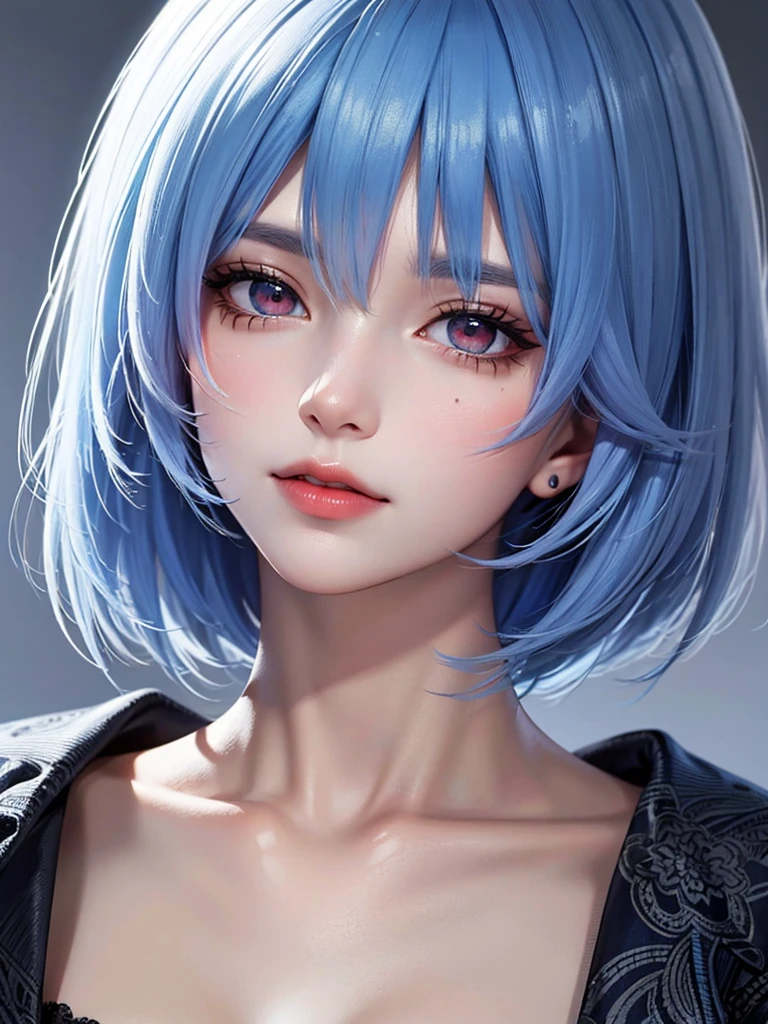 Masterpiece, Best Quality, 8K, Detailed Skin Texture, Detailed Cloth Texture, Beautiful Detail Face, Intricate Detail, Ultra Detailed, Portrait of Rei Ayanami, Blue Hair, Red Eyes, Head Tilt, No Background