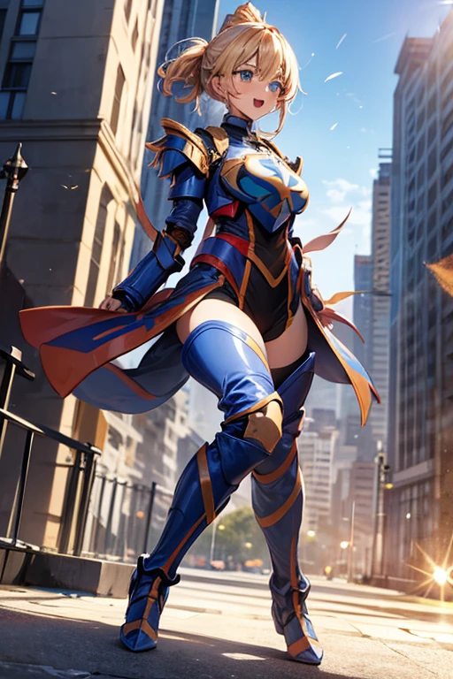 masterpiece), ((Highest quality)), (masterpiece,Highest quality,Official Art,Highly detailed CG Unity 8k wallpaper), a girl in powered armor, raise both hands, full armor, powered leg, battle armor, shoulder armor, leg booster, battle between buildings in the city, light effect, robot wing, standing, blush, embarrassed, open mouth, dynamic angle, masterpiece, アニメ, highly detailed, high quality,