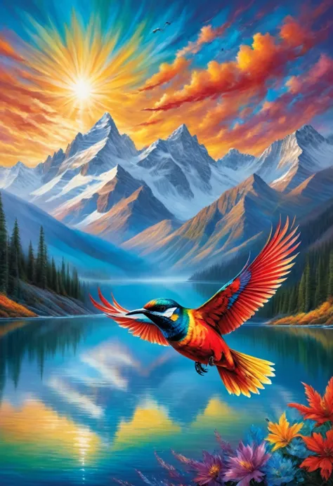 In the midst of a vast, clear sky, a majestic bird soars gracefully, its wings a vibrant tapestry of colors—iridescent blues, fi...