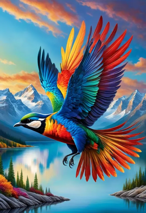 In the midst of a vast, clear sky, a majestic bird soars gracefully, its wings a vibrant tapestry of colors—iridescent blues, fi...