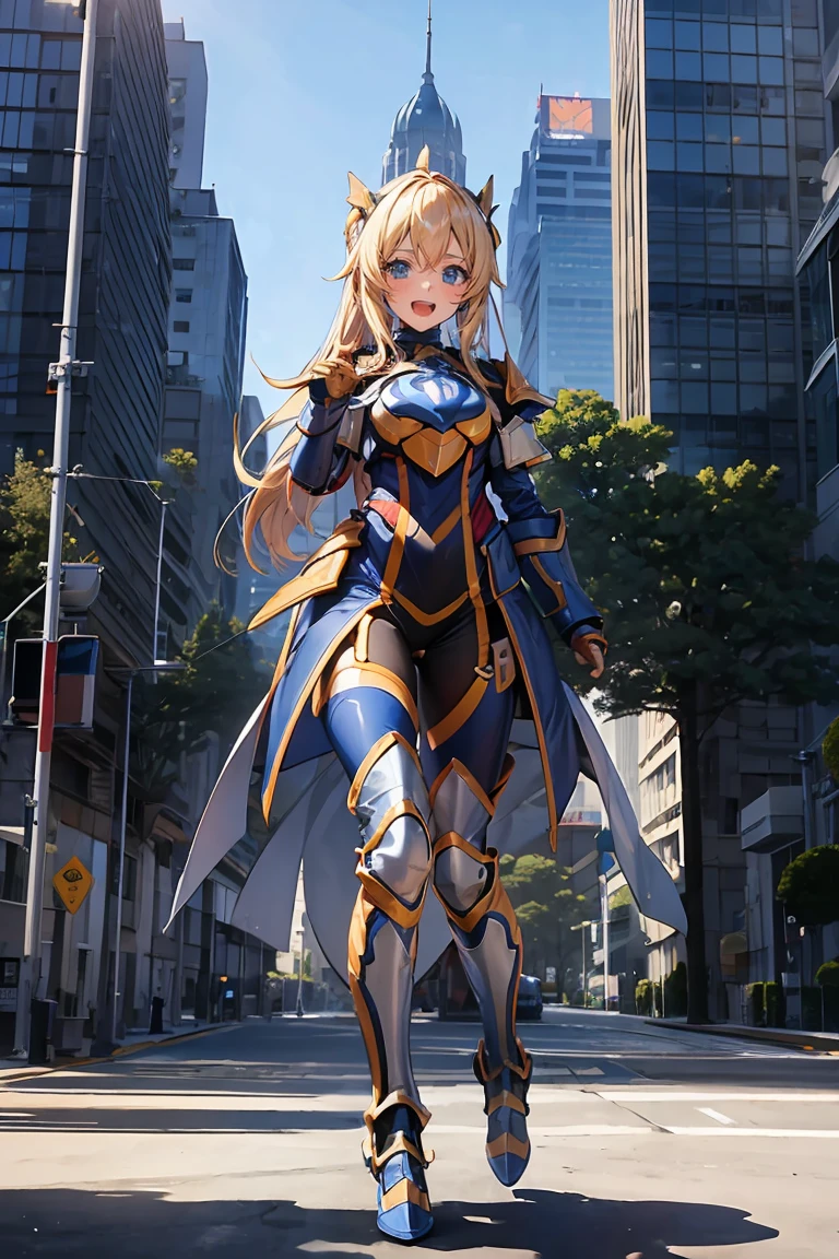 masterpiece), ((Highest quality)), (masterpiece,Highest quality,Official Art,Highly detailed CG Unity 8k wallpaper), a girl in powered armor, raise both hands, full armor, powered leg, battle armor, shoulder armor, leg booster, battle between buildings in the city, light effect, robot wing, standing, blush, embarrassed, open mouth, dynamic angle, masterpiece, アニメ, highly detailed, high quality,