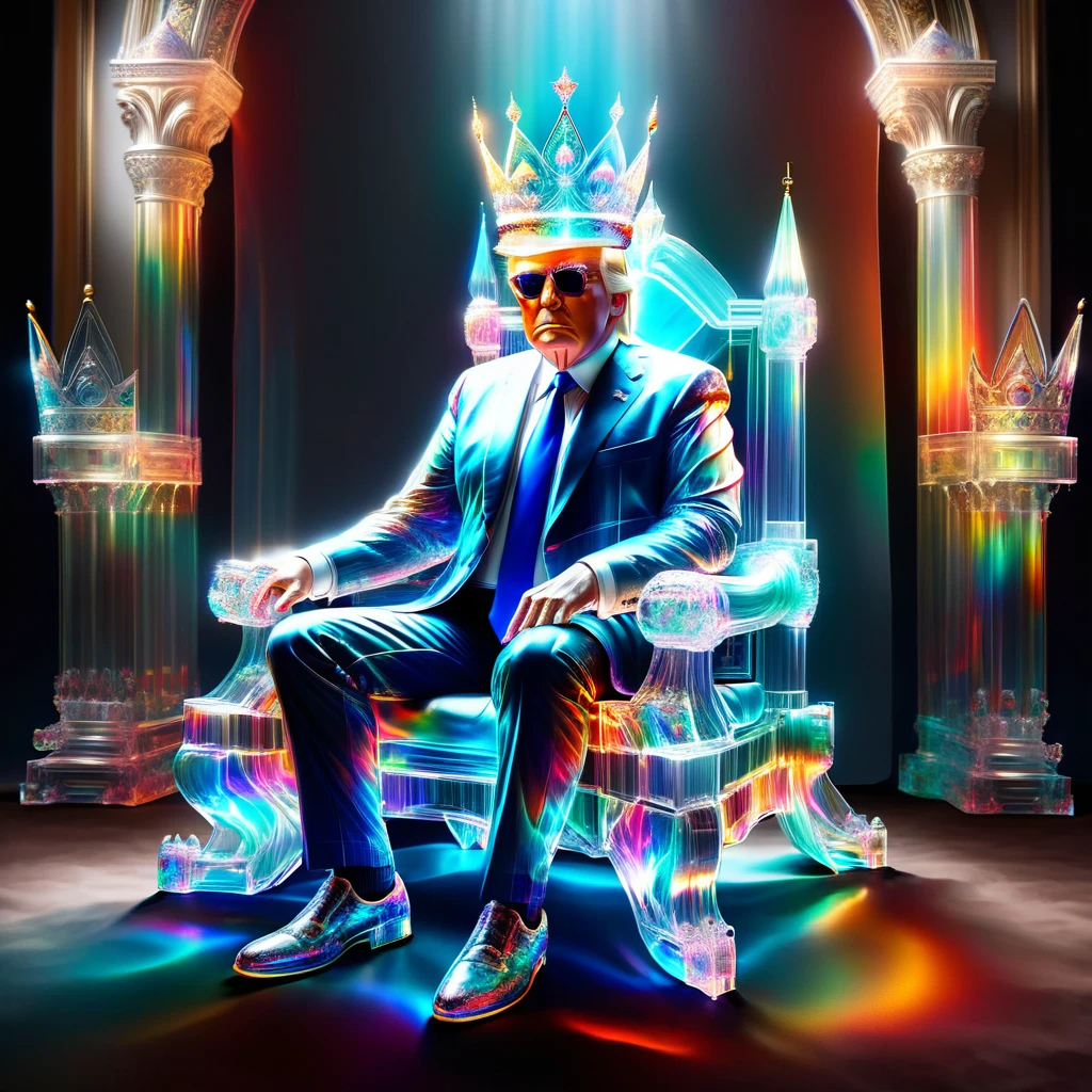 hyper detailed masterpiece, dynamic realistic digital art, incredible quality,transparentes,Donald Trump, sitting on the throne wearing a small crown DonMSp3ctr4lXL