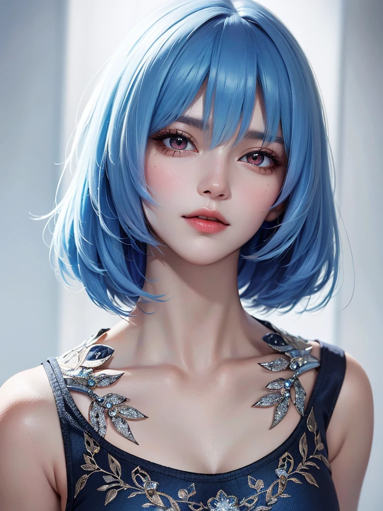 Masterpiece, Best Quality, 8K, Detailed Skin Texture, Detailed Cloth Texture, Beautiful Detail Face, Intricate Detail, Ultra Detailed, Portrait of Rei Ayanami, Blue Hair, Red Eyes, Head Tilt, No Background