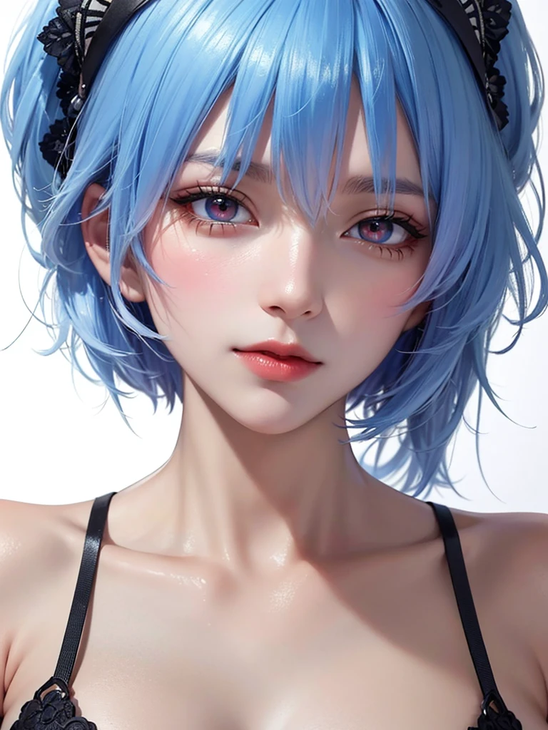 Masterpiece, Best Quality, 8K, Detailed Skin Texture, Detailed Cloth Texture, Beautiful Detail Face, Intricate Detail, Ultra Detailed, Portrait of Rei Ayanami, Blue Hair, Red Eyes, Head Tilt, No Background