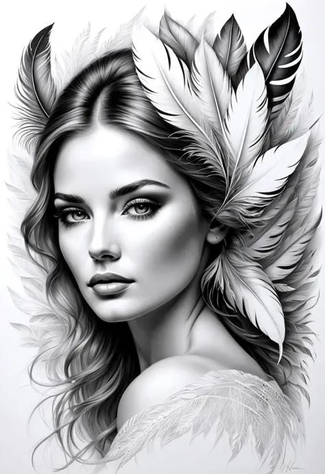 On a sheet of crisp, white paper, a beautiful woman is being meticulously drawn. Her face, framed by delicate feathers, radiates...