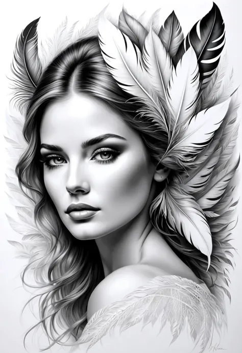 on a sheet of crisp, white paper, a beautiful woman is being meticulously drawn. her face, framed by delicate feathers, radiates...