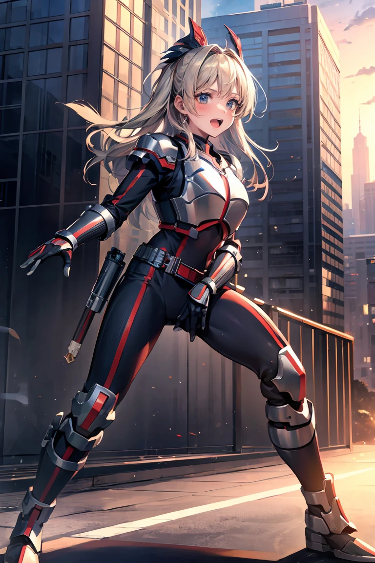 masterpiece), ((Highest quality)), (masterpiece,Highest quality,Official Art,Highly detailed CG Unity 8k wallpaper), a girl in powered armor, raise both hands, full armor, powered leg, battle armor, shoulder armor, leg booster, battle between buildings in the city, light effect, robot wing, standing, blush, embarrassed, open mouth, dynamic angle, masterpiece, アニメ, highly detailed, high quality,