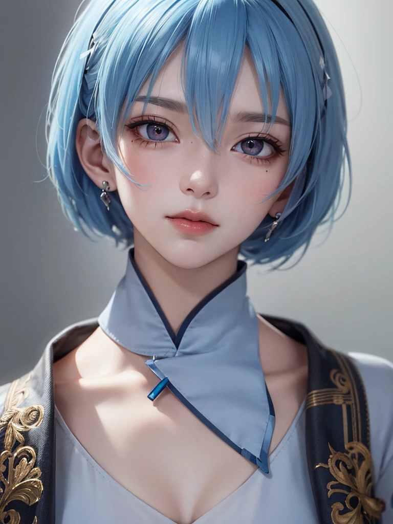 Masterpiece, Best Quality, 8K, Detailed Skin Texture, Detailed Cloth Texture, Beautiful Detail Face, Intricate Detail, Ultra Detailed, Portrait of Rei Ayanami, Blue Hair, Red Eyes, Head Tilt, No Background