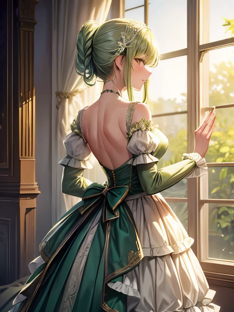 ((high quality work)), The writing is clear and concise, The green dress and the beautiful pleated lace complement each other., Enriching the layered feel of the entire picture, The elegant Edwardian lace dress and princess skirt add a lot of charm to the character., Gesture of turning the back of the hand , It also expresses the gentle and elegant side of women..