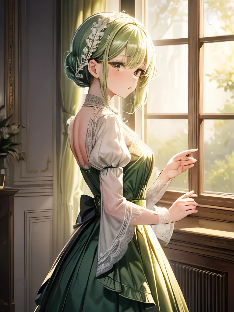 ((high quality work)), The writing is clear and concise, The green dress and the beautiful pleated lace complement each other., Enriching the layered feel of the entire picture, The elegant Edwardian lace dress and princess skirt add a lot of charm to the character., Gesture of turning the back of the hand , It also expresses the gentle and elegant side of women..