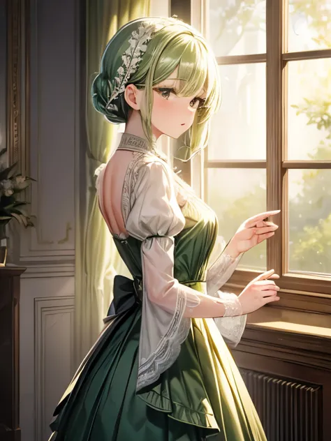 ((high quality work)), the writing is clear and concise, the green dress and the beautiful pleated lace complement each other., ...