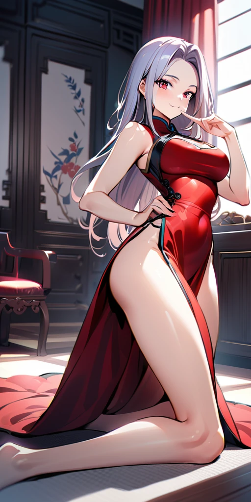 ((Highest quality、masterpiece、Anime Style、Highest quality、High resolution、8k、detailed、ultra-detailed:1.3))、Long legs、Sharp focus:1.2, Beautiful woman with perfect figure:1.4、(smile:1.2), double eyelid、30-year-old woman、Sexy pose、((((Shut your mouth.、One Woman、Chinese clothing:1.5)))),The background is another world