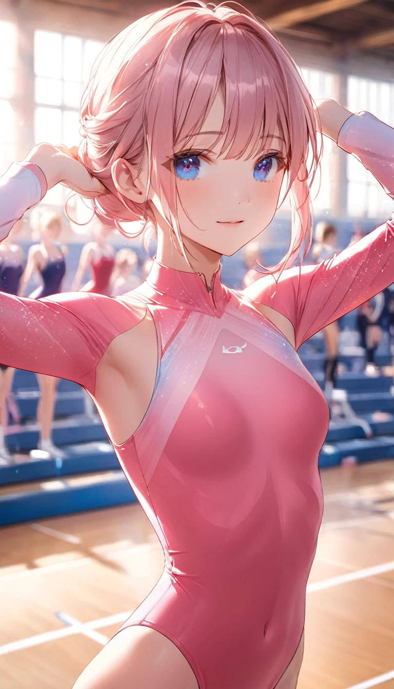 highquality illustration, masterpiece, very delicate and beautiful, attractive girl,(gymnastics leotard,tight leotard,long_sleeve leotard,high_leg leotard,athletic leotard), audience reactions,thin,slender body,slim,high school,gymnasium,gymnastics club,beautiful eyes,(masterpiece, best quality:1.2), highres, extremely detailed CG unity 8k wallpaper, perfect lighting, Colourful, ultra-high res,4K,ultra-detailed, photography, 8K, HDR,  s,cowboy shot,