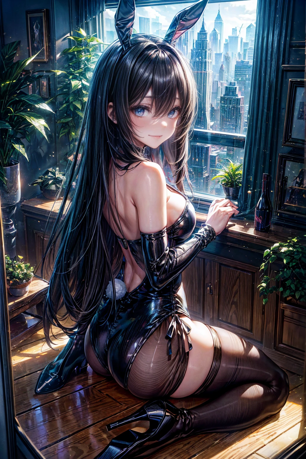 Highest quality、、(Bunny girl)、Plain black stockings、High heels、Black enamel bunny suit、Show Viewer、Angle from behind、W sitting、smile、Futuristic Living Room、indirect lighting、Room with houseplants、From the window you can see the valley between the city&#39;s buildings、Night view、Silver short hair、Beautiful Eyes、Beautiful Face、Delicate eyes

