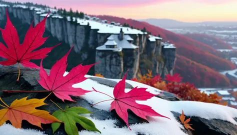 (deep pink gradation leaves),(winter leaves), (half withered),(on the cliff),magical round leaves leaves falling, snow is fallin...