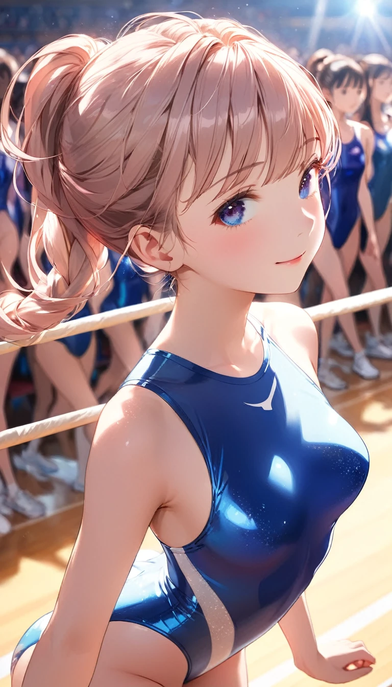 highquality illustration, masterpiece, very delicate and beautiful, attractive girl,(gymnastics leotard,tight leotard,long_sleeve leotard,high_leg leotard,athletic leotard), audience reactions,thin,slender body,slim,high school,gymnasium,gymnastics club,beautiful eyes,(masterpiece, best quality:1.2), highres, extremely detailed CG unity 8k wallpaper, perfect lighting, Colourful, ultra-high res,4K,ultra-detailed, photography, 8K, HDR,  s,cowboy shot,