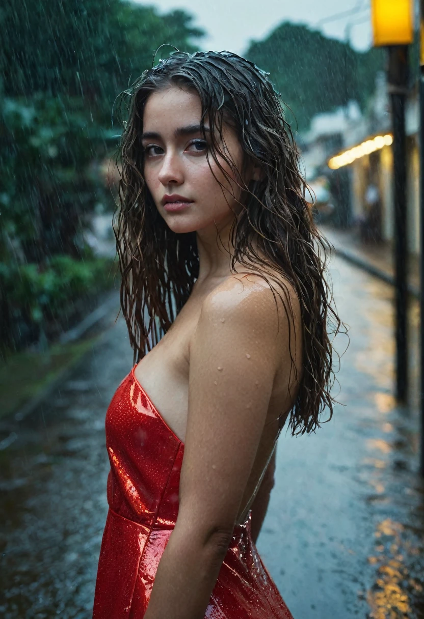 1 girl,standing alone,long hair,rough skin,from behind,Facial Focus,(looking ahead at viewer:1.2),hair wet,tenebrosa,polaroioff,(Profundidaoff_off_fild:1.5),rainy days,plein-air,Street,hair between the eyes,moody lighting,Tyndall effect,cinematic lighting,natta,poste off iluminação,reflexo off lente,available light,luz off aro,luzes off néon brilhantes,curved,Vestido off seda vermelho,