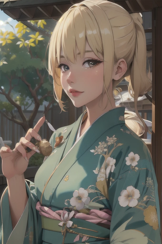 (masterpiece:1.2, best quality), (real picture, intricate details),  ,monfx, blonde,Wearing a kimono