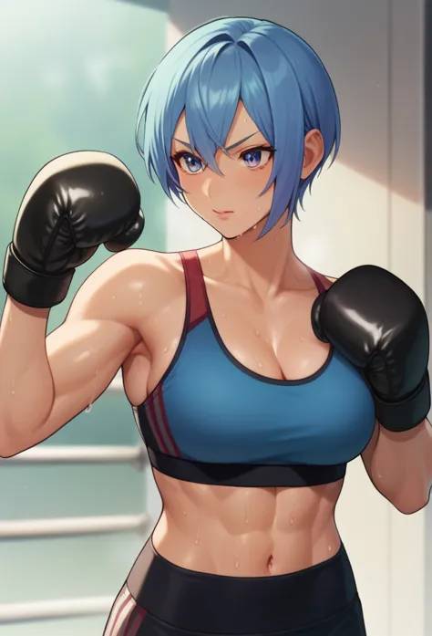 1girl, sports bra, boxing gloves, sweating