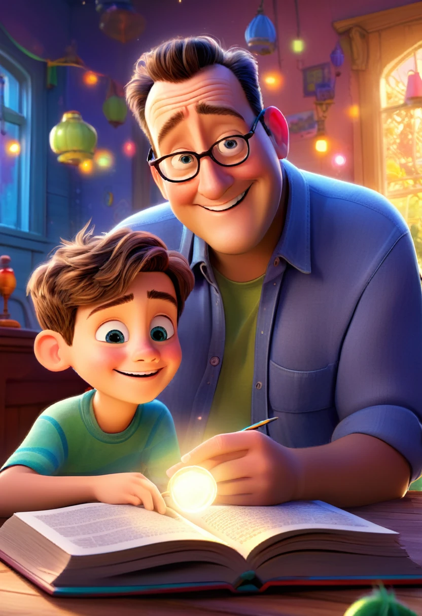 (wide angle:1.5),(bright and vibrant colors), (High resolution), (realist:1.37), Disney Pixar Movie Poster., (art by Kevin James), skinny, no muscle, (55 year old man and his son.),father and son, (beautiful detailed eyes:1.1), (beautiful detailed lips:1.1), smiling with a warm expression, (charming appearance:1.1), (Professional lighting), (ultrafine rendering), Upper body shot, (expressive facial features.:1.1), reading a book to son, (reading carefully:1.1), surrounded by magical elements that represent different Pixar films, (dynamic composition), (whimsical details), (playful characters), Vibrant background, full of color and joy, (3d rendering), (fantastic art style), (nostalgic aesthetic), (Attention to details:1.1).
