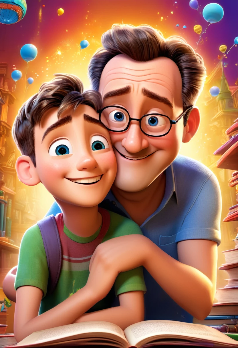 (wide angle:1.5),(bright and vibrant colors), (High resolution), (realist:1.37), Disney Pixar Movie Poster., (art by Kevin James), skinny, no muscle, (55 year old man and his son.),father and son, (beautiful detailed eyes:1.1), (beautiful detailed lips:1.1), smiling with a warm expression, (charming appearance:1.1), (Professional lighting), (ultrafine rendering), Upper body shot, (expressive facial features.:1.1), reading a book to son, (reading carefully:1.1), surrounded by magical elements that represent different Pixar films, (dynamic composition), (whimsical details), (playful characters), Vibrant background, full of color and joy, (3d rendering), (fantastic art style), (nostalgic aesthetic), (Attention to details:1.1).
