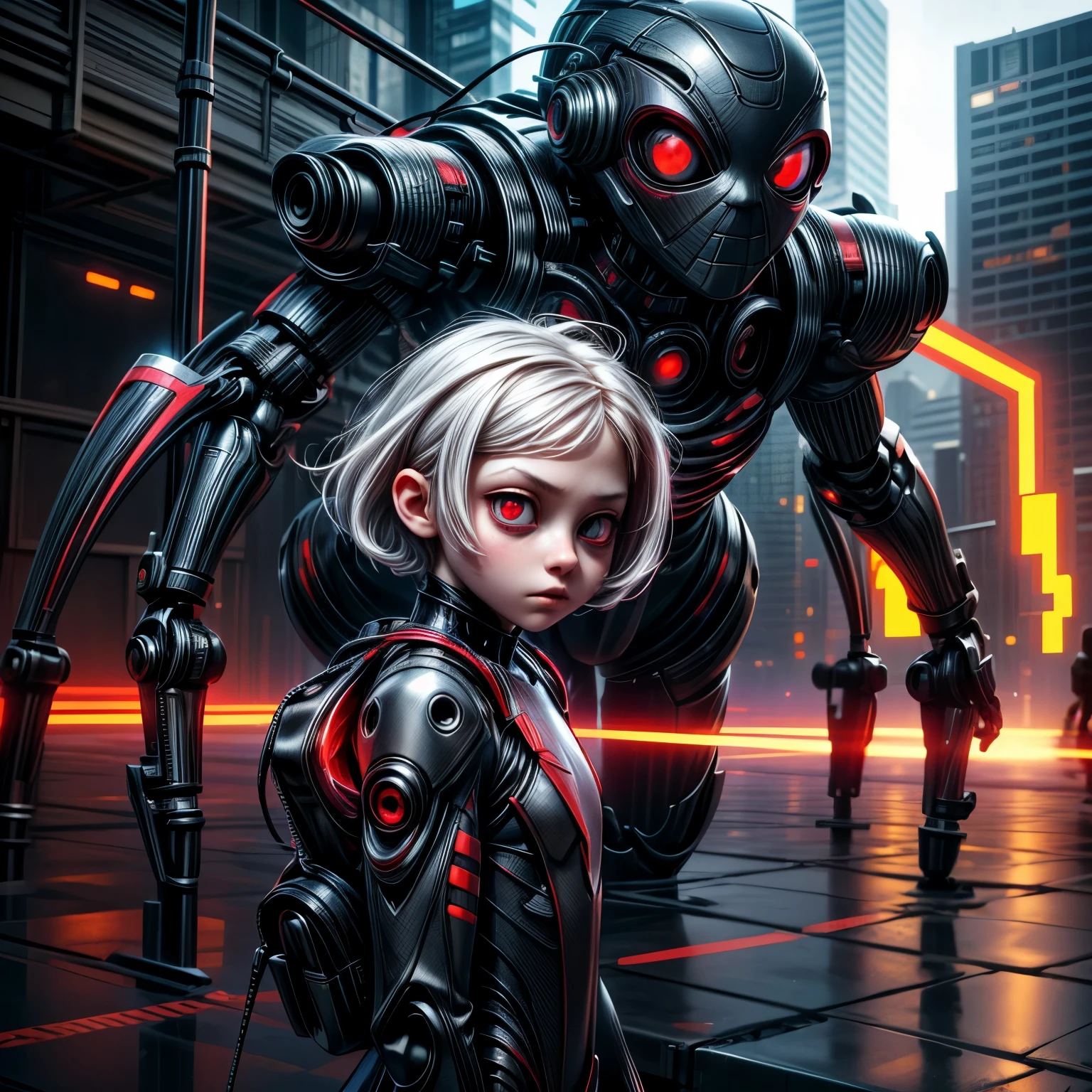 appearence a 13 years old teenage girl,red eyes,albino,calm,quiet,cute,pretty,full body,looking ahead,short hair combed back,red outfit,black short,tied hair,spider verse suit,serious look,cyberpunk background 