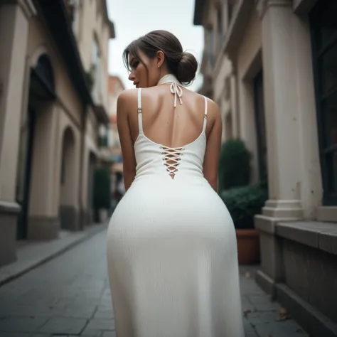 woman bending over on her knees and hands in a long knit dress, rear view angle