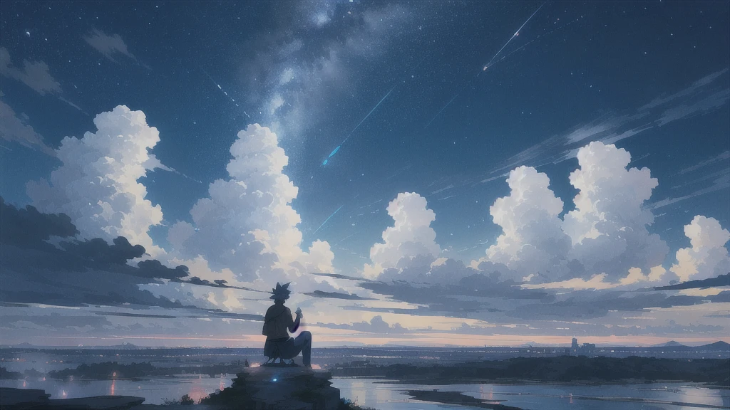 真っ暗なnuit空,octane, étoile (nul), paysage, Perruche bleue,étoile, nuit, Une fille dos à dos, S&#39;asseoir,vue arrière,Extérieur, Ville,Perruche bleue,bâtiment, nuage, rivière du ciel,silhouette