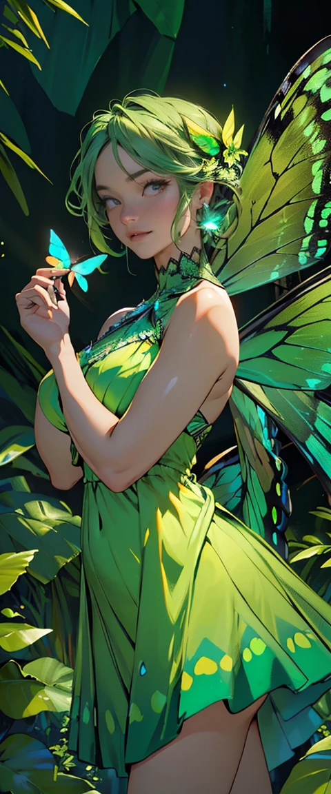 ((masterpiece, highest quality, Highest image quality, High resolution, photorealistic, Raw photo, 8K)), ((Extremely detailed CG unified 8k wallpaper)), A lone green butterfly fluttering, emerald, diamond, (green glowing wings), green wings shining in the dark night, summer dress fluttering,