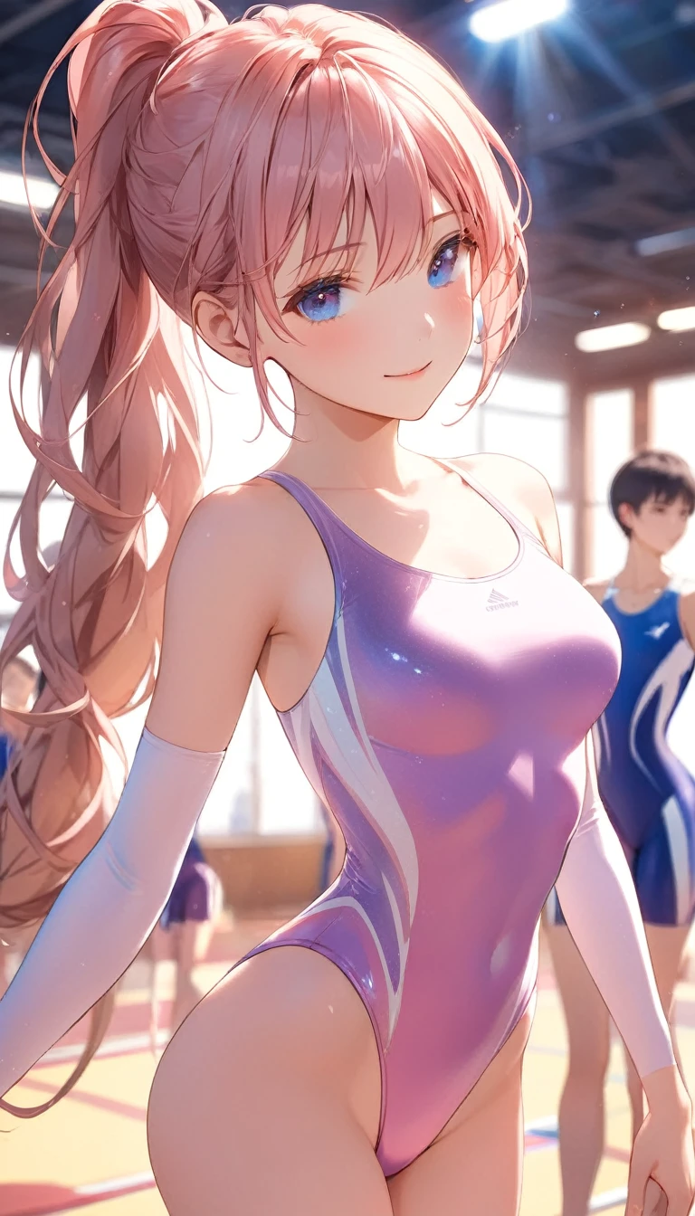 highquality illustration, masterpiece, very delicate and beautiful, attractive girl,(gymnastics leotard,tight leotard,long_sleeve leotard,high_leg leotard,athletic leotard), audience reactions,thin,slender body,slim,high school,gymnasium,gymnastics club,beautiful eyes,(masterpiece, best quality:1.2), highres, extremely detailed CG unity 8k wallpaper, perfect lighting, Colourful, ultra-high res,4K,ultra-detailed, photography, 8K, HDR,  17 ages,cowboy shot,