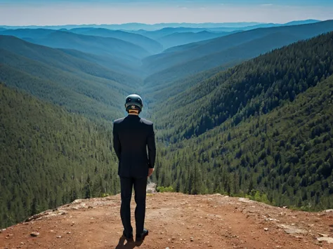 a luxury sales suit man wearing a black rider full-face helmet overlooking wilderness,full body,standard rider black full face h...