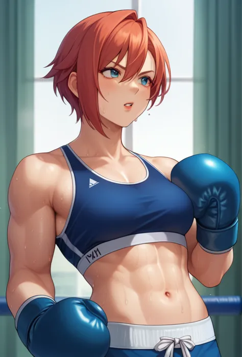 1girl, sports bra, boxing gloves, sweating