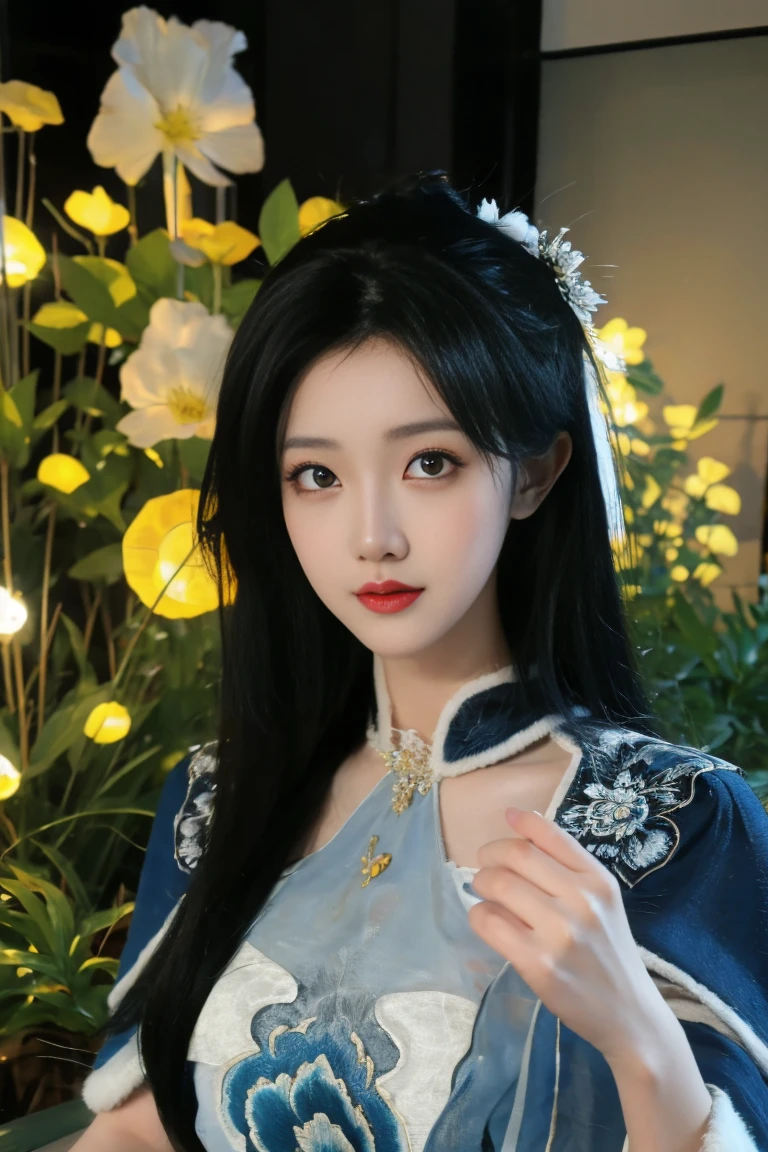 ulzzang-6500-v1.1,(raw photo:1.2),((photorealistic:1.30)), ((best quality)) ,((masterpiece)),((Ultra High Resolution)), ((Clear View)),,Ultra-high resolution,Clear face,（Reality：1.4) ,  illustration, an extremely delicate and beautiful, extremely detailed ,CG ,unity ,8k wallpaper, Amazing, finely detail, masterpiece,best quality,official art,extremely detailed CG unity 8k wallpaper,absurdres, incredibly absurdres, huge filesize, ultra-detailed, highres, extremely detailed,beautiful detailed girl, extremely detailed eyes and face, beautiful detailed eyes,light on face,cinematic lighting, 1girl, 独奏, long hair, black hair, hair ornament, jewelry, Earring, Blue eyes, Chinese dress, (standing,) (garden background:1.5), upper body, Night sky, dark light, grassland, trees, flowers, grass, Moon Star, outdoor,