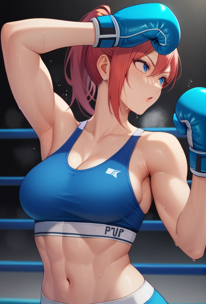 1girl, sports bra, boxing gloves, sweating