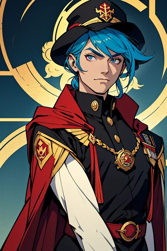 Capitaine, uniforme noir, insigne de grade d&#39;or, manteau rouge, black Capitaine's hat, bottes noires, animé, art Déco, Art gothique, animé style, Anatomiquement correct, chef-d&#39;œuvre, détails élevés, Haute qualité, des yeux magnifiquement détaillés, regard captivant, Couleurs vives, éclairage savamment exécuté, techniques d&#39;éclairage de studio faisant ressortir les traits de l&#39;homme et l&#39;ambiance générale de la scène,cheveux bleu ciel,