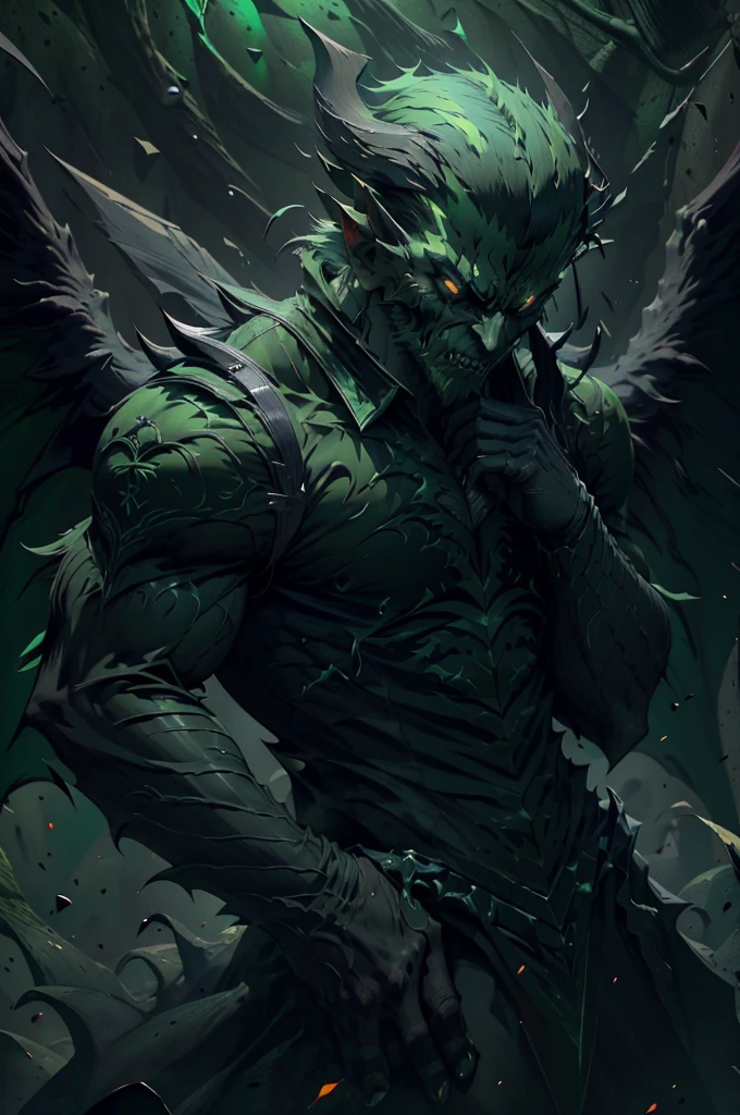 a demonic male, eyeless, with sharp teeth, short green hair, military haircut, thin, dark green wings, matte green body, wearing gangster clothes, (best quality,4k,8k,highres,masterpiece:1.2),ultra-detailed,(realistic,photorealistic,photo-realistic:1.37),horror,dark colors,chiaroscuro lighting
