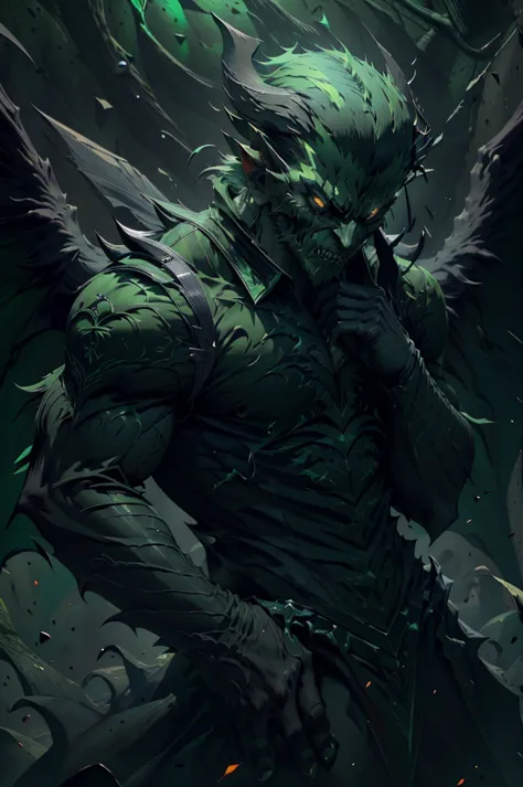 a demonic male, eyeless, with sharp teeth, short green hair, military haircut, thin, dark green wings, matte green body, wearing...