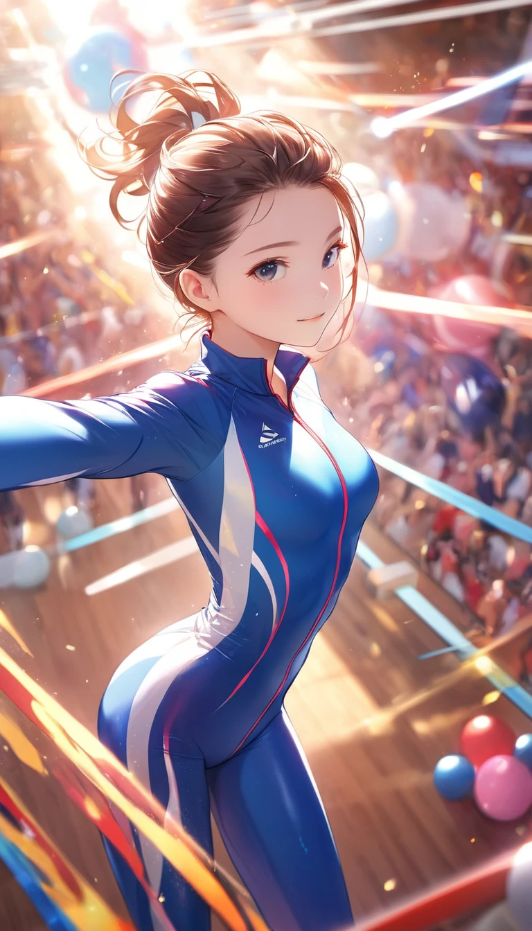 High targetquality illustration, masterpiece, Very delicate and beautiful, Attractive girl,(Gymnastics jumpsuit,Bodysuit,long_Sleeve jumpsuit,High target_Leg tights,Sports tights), Audience reaction,Thin,Slim figure,Slim,High target school,Gym,Gymnastics Club,beautiful eyes,(masterpiece, best quality:1.2), High targetres, Extremely detailed CG unity 8k wallpaper, Perfect lighting, rich and colorful, ultra-High target res,4K,Extremely detailed, photography, 8k, HDR,  2s,Cowboy shooting,