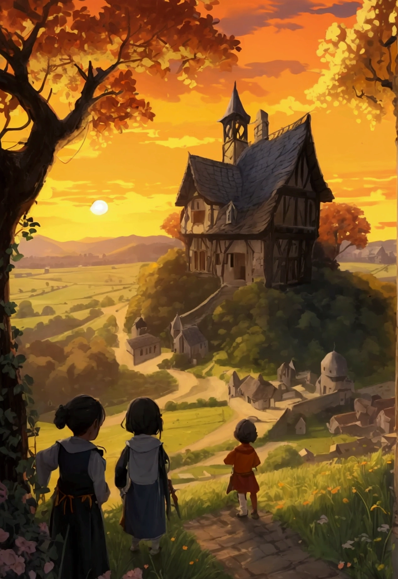  A view of an old medieval orphanage located on top of a small hill overlooking a small village surrounded by fields and farms, under an orange sunset sky.. In the front yard of the orphanage, children play.